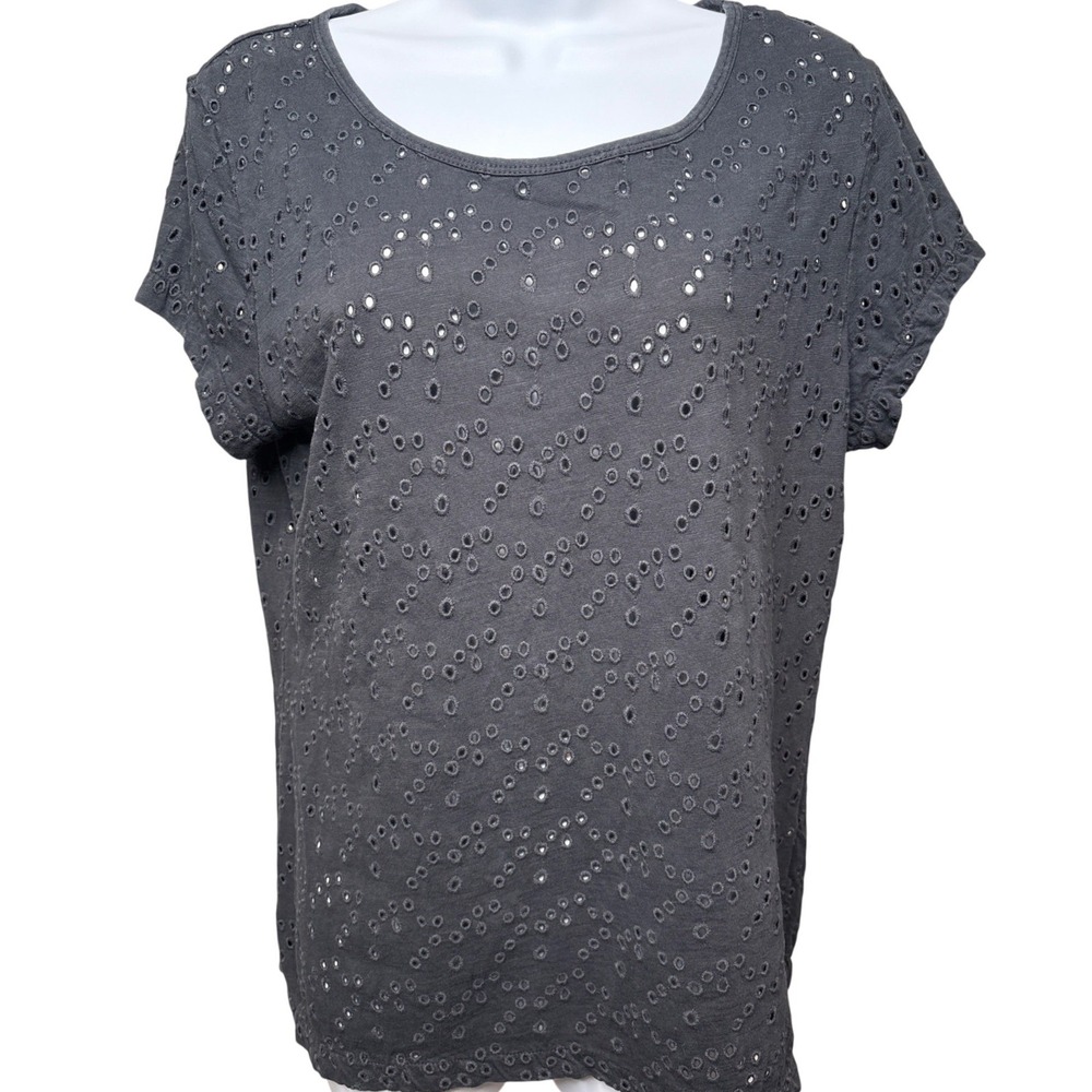 SUNDANCE Charcoal Gray Eyelet Cotton Short Sleeve Top Sz M Boho Lagenlook Relax
